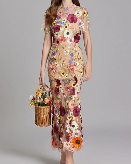 Floral Embroidered Mesh Overlay Maxi Dress