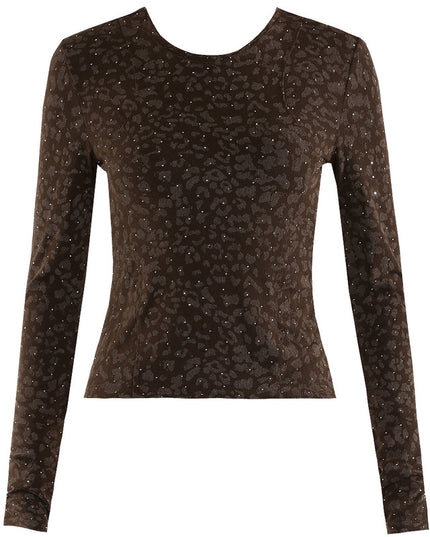 Long Sleeve Leopard Print Studded Top S Brown