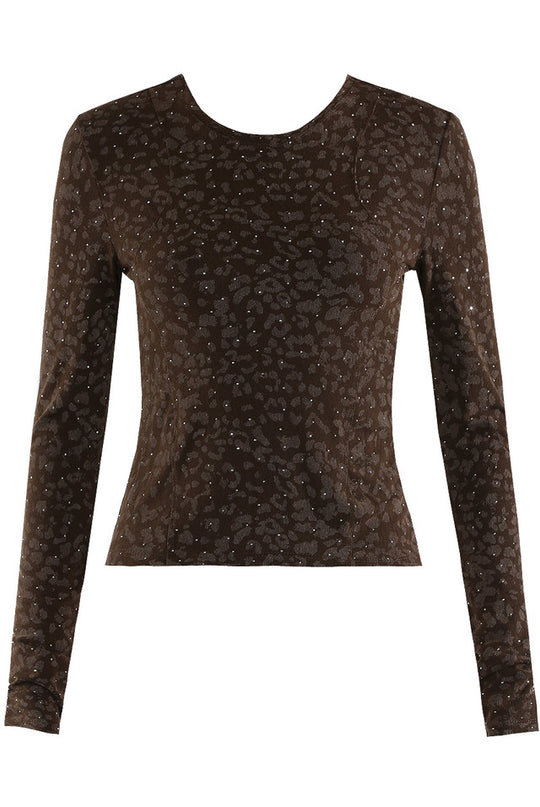 Long Sleeve Leopard Print Studded Top S Brown