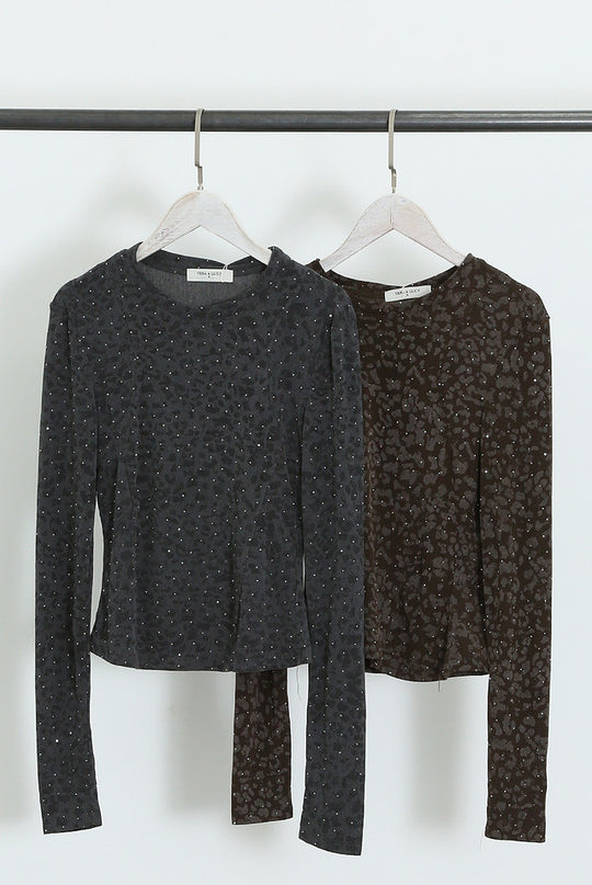 Long Sleeve Leopard Print Studded Top