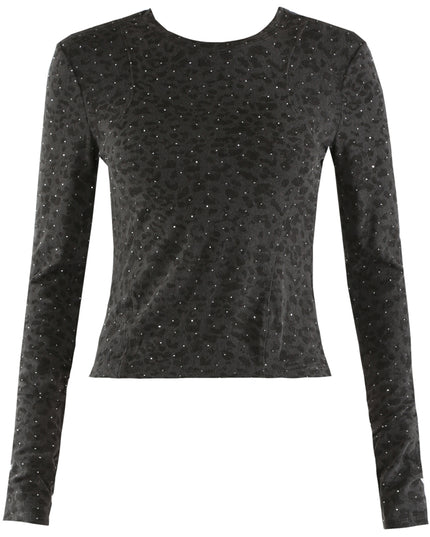 Long Sleeve Leopard Print Studded Top L Gray