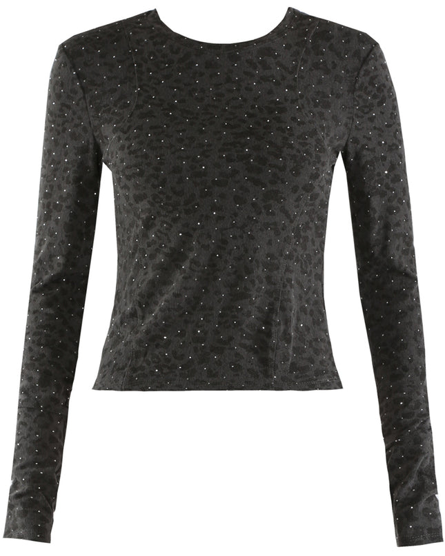 Long Sleeve Leopard Print Studded Top L Gray
