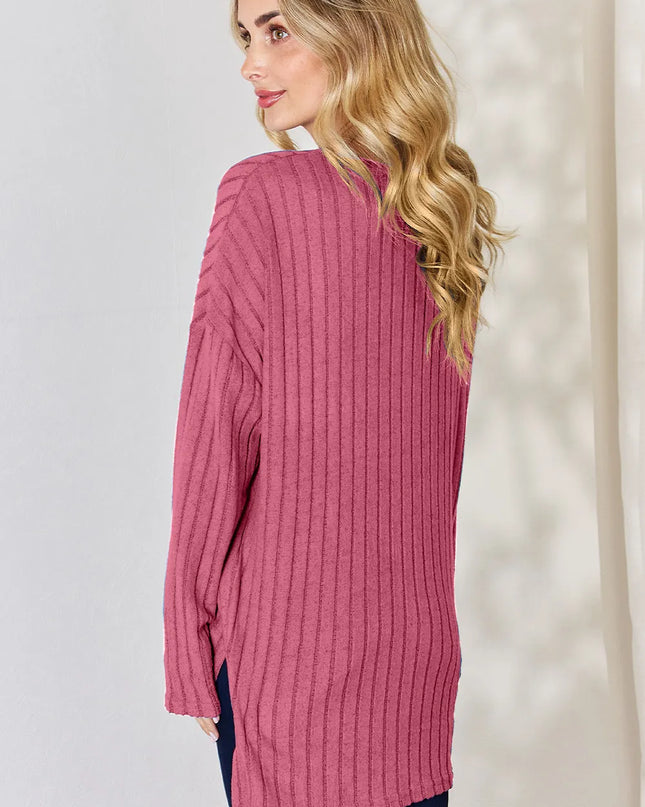 Basic Bae Full Size Ribbed Half Button Long Sleeve High-Low T-Shirt