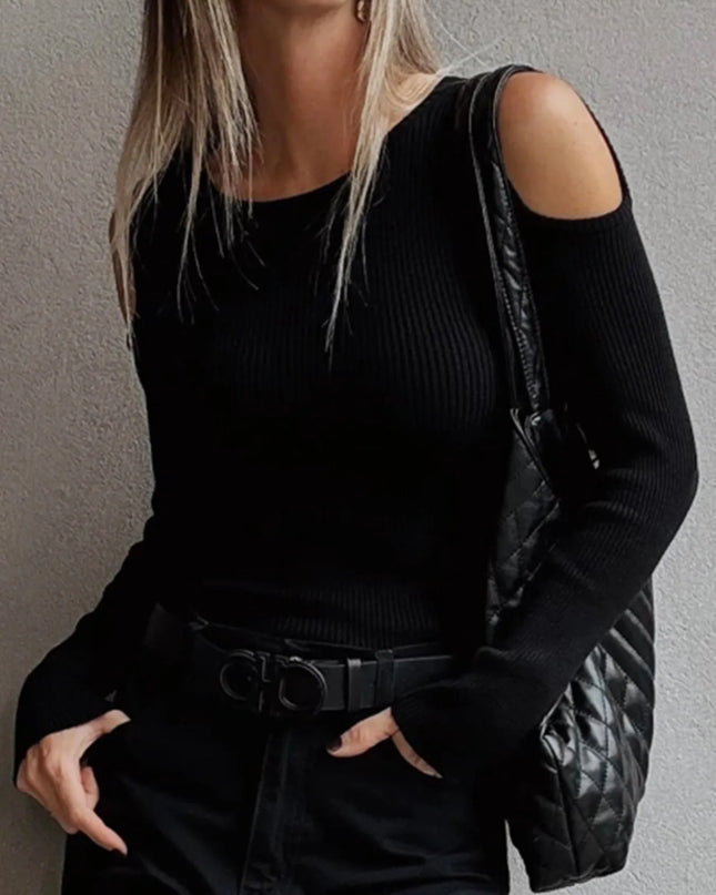 Ribbed Knit Cold Shoulder Sweater