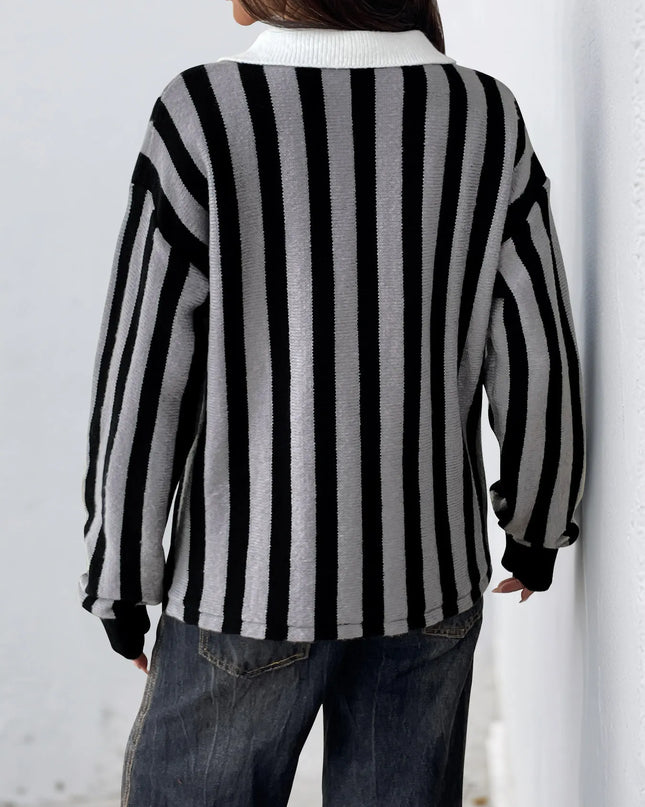 Striped Button Front Long Sleeve Sweater