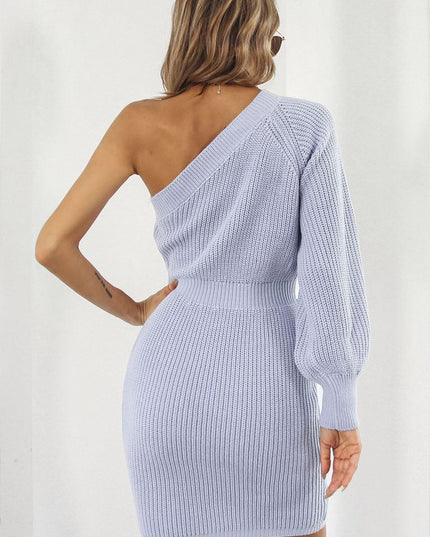 One Shoulder Raglan Sleeve Pencil Sweater Dress