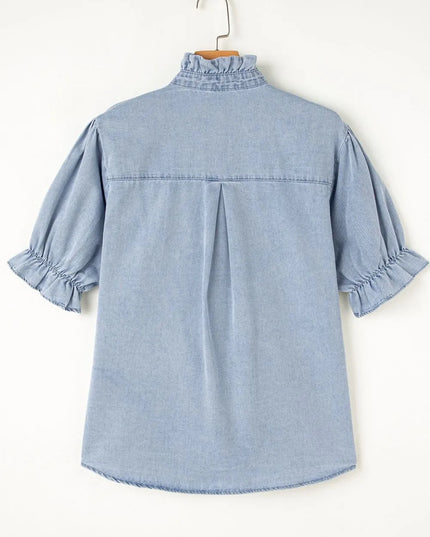 Ruffle Short Puff Sleeve Button Down Denim Shirt 