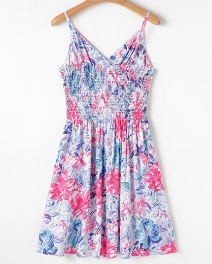 Floral Spaghetti Strap Surplice Neck Shirred Waist Mini Dress