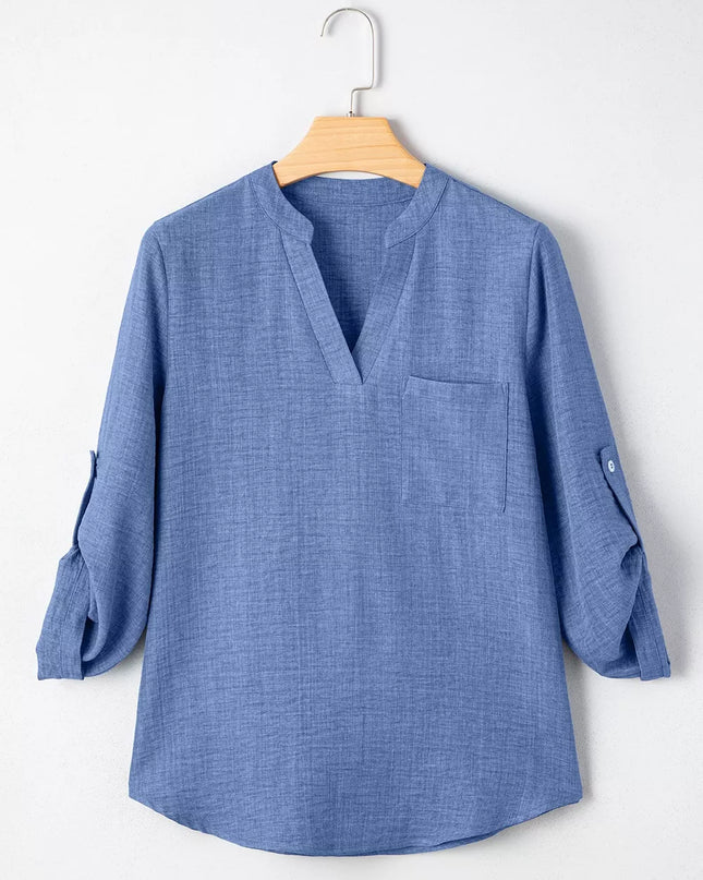 Casual Roll-Up Sleeve Notched Blouse