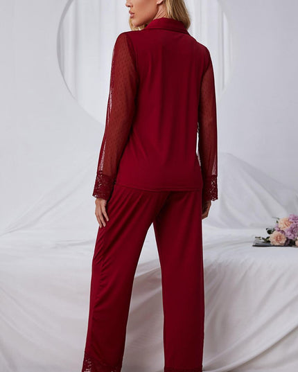 Spliced Lace Lapel Collar Pajama Set
