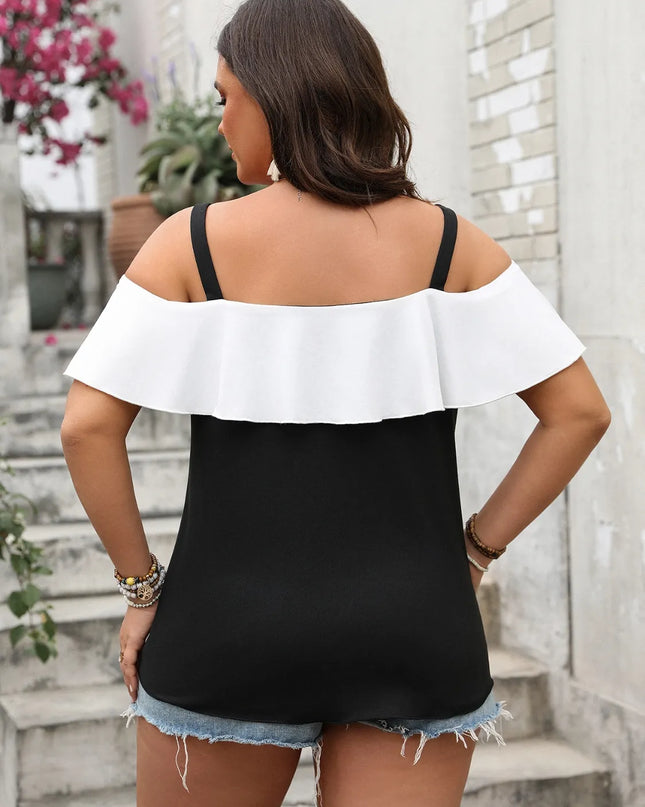 Plus Size Ruffled Contrast Short Sleeve Blouse