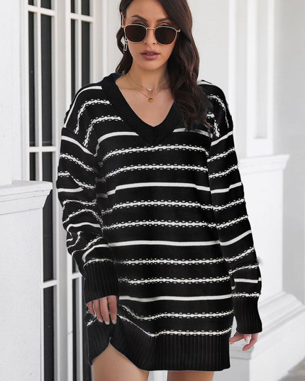 Striped V-Neck Sweater Dress