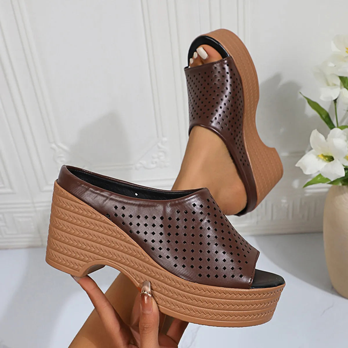 Peep Toe Wedge Sandals Brown