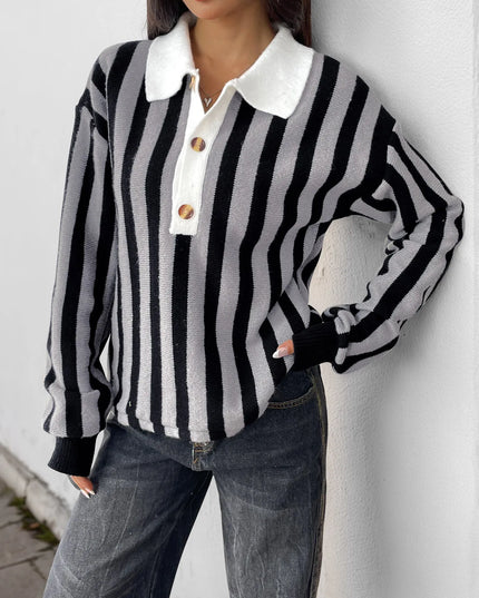 Striped Button Front Long Sleeve Sweater