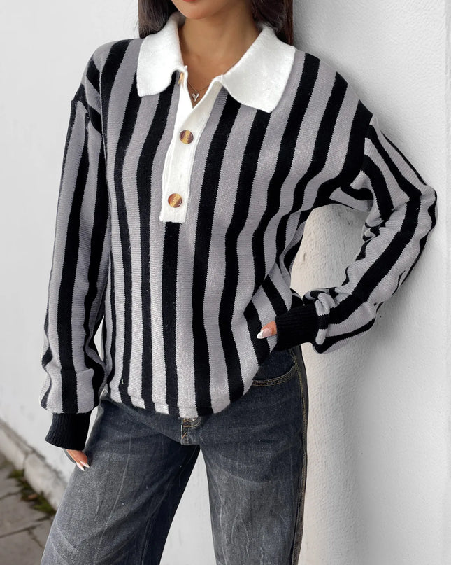 Striped Button Front Long Sleeve Sweater