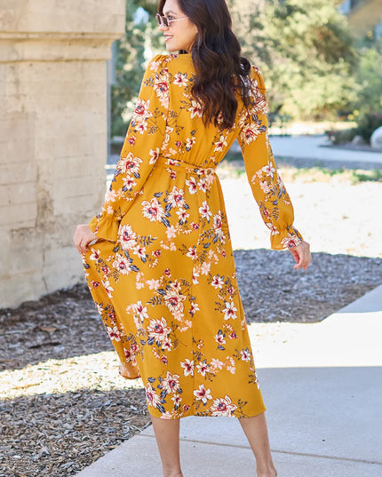 Double Take Full Size Floral Tie Back Flounce Sleeve Dress