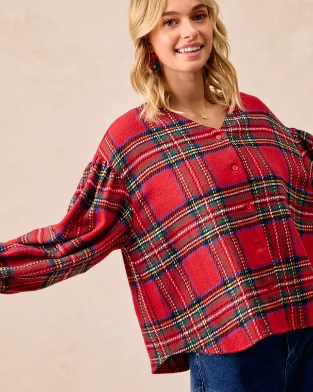 BiBi Christmas Plaid V-Neck Flounce Sleeve Jacket