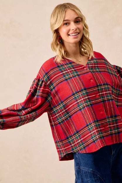 BiBi Christmas Plaid V-Neck Flounce Sleeve Jacket