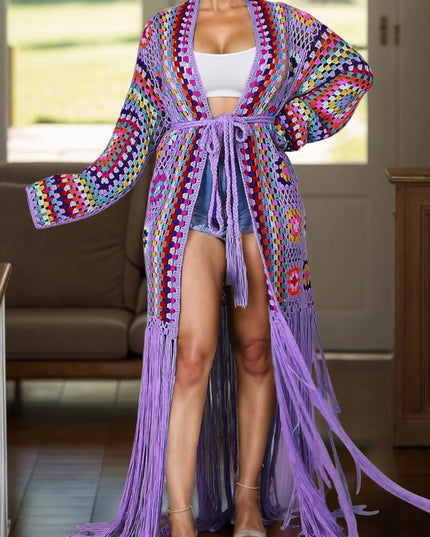 Fringe Tied Long Sleeve Cardigan Lilac