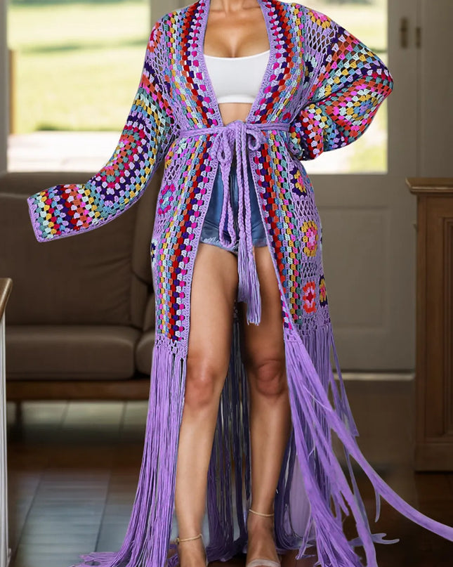 Fringe Tied Long Sleeve Cardigan Lilac