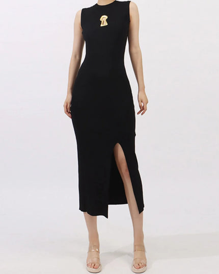Slit Round Neck Sleeveless Dress Black One Size