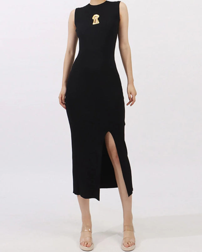 Slit Round Neck Sleeveless Dress Black One Size