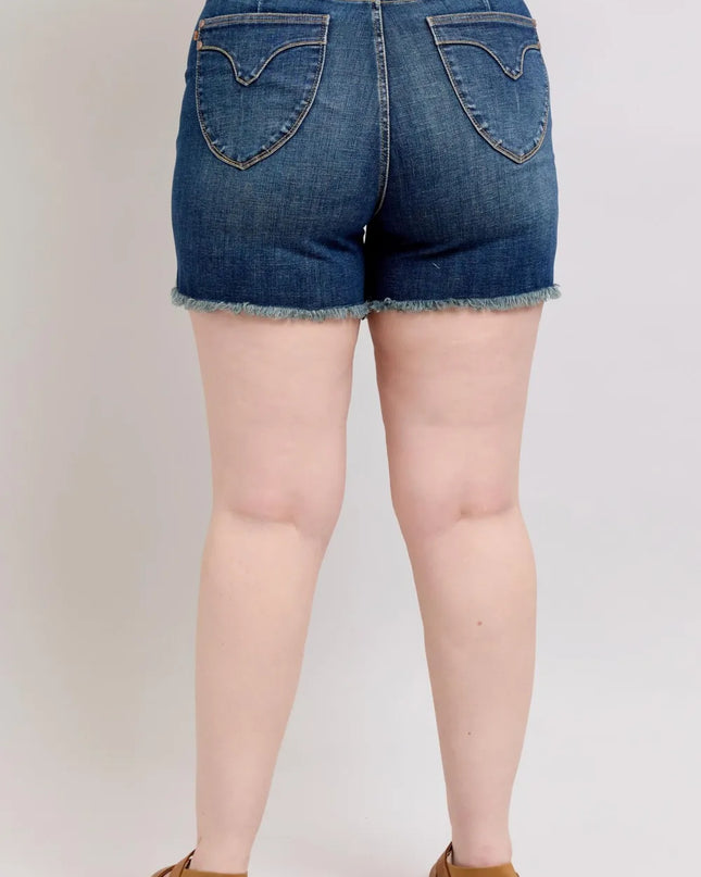 Judy Blue Tummy Control Fray Hem & Shield Back Pockets Denim Shorts