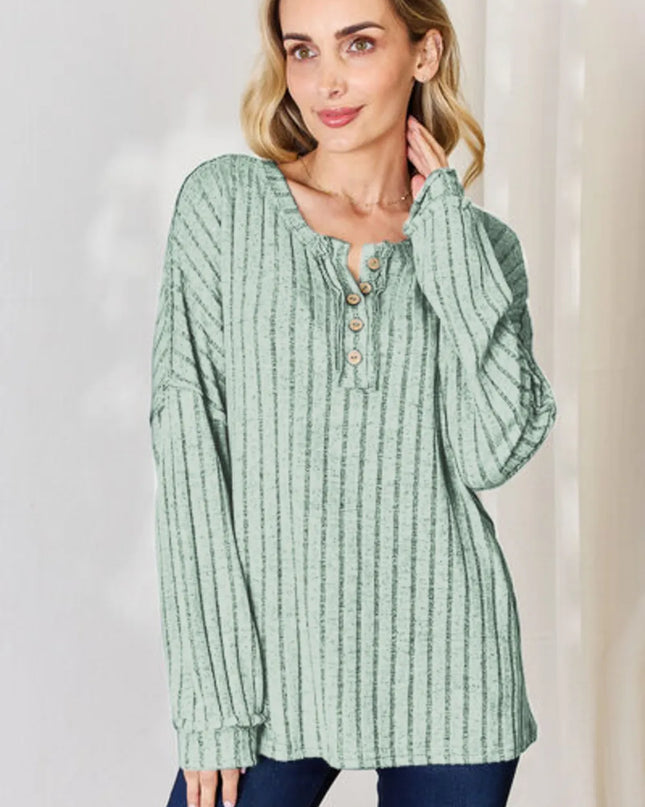 Basic Bae Full Size Ribbed Half Button Long Sleeve T-Shirt