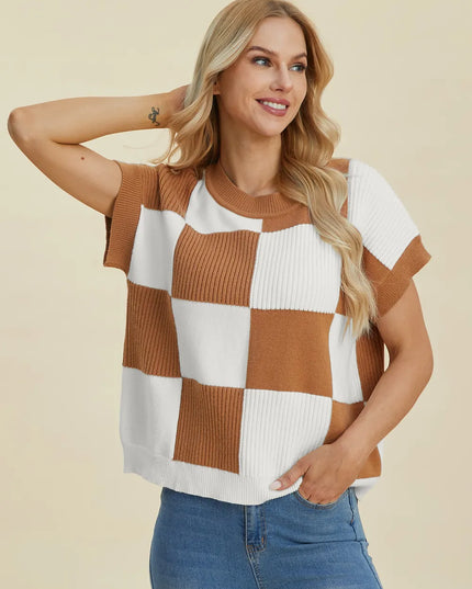 Double Take Full Size Checkered Round Neck Short Sleeve Sweater