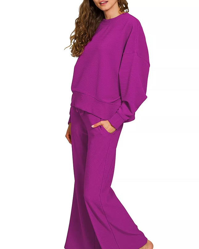 Zenana Ribbed Round Neck Pullover and Drawstring Pants Set