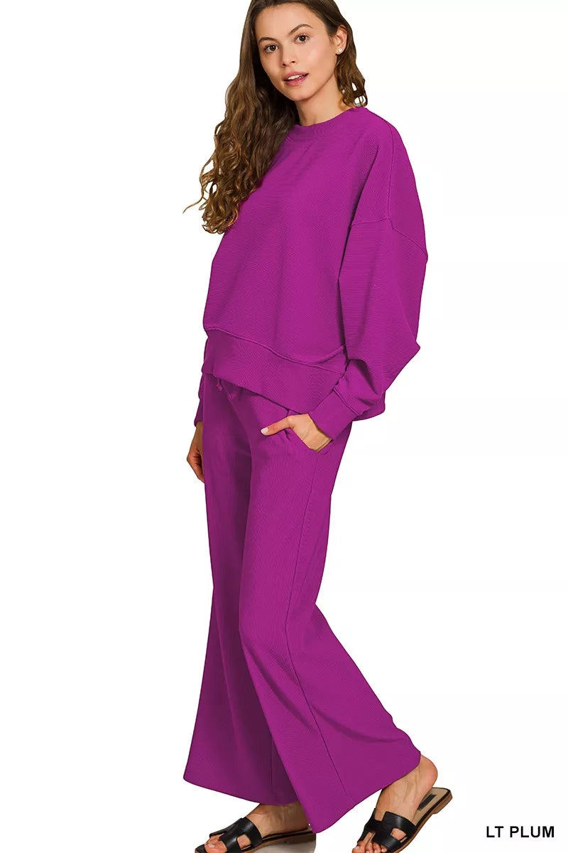 Zenana Ribbed Round Neck Pullover and Drawstring Pants Set