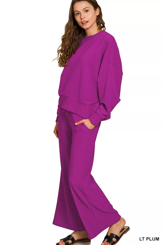 Zenana Ribbed Round Neck Pullover and Drawstring Pants Set