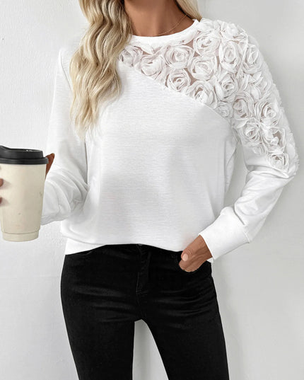 Rose Embroidered Long Sleeve Sweatshirt White