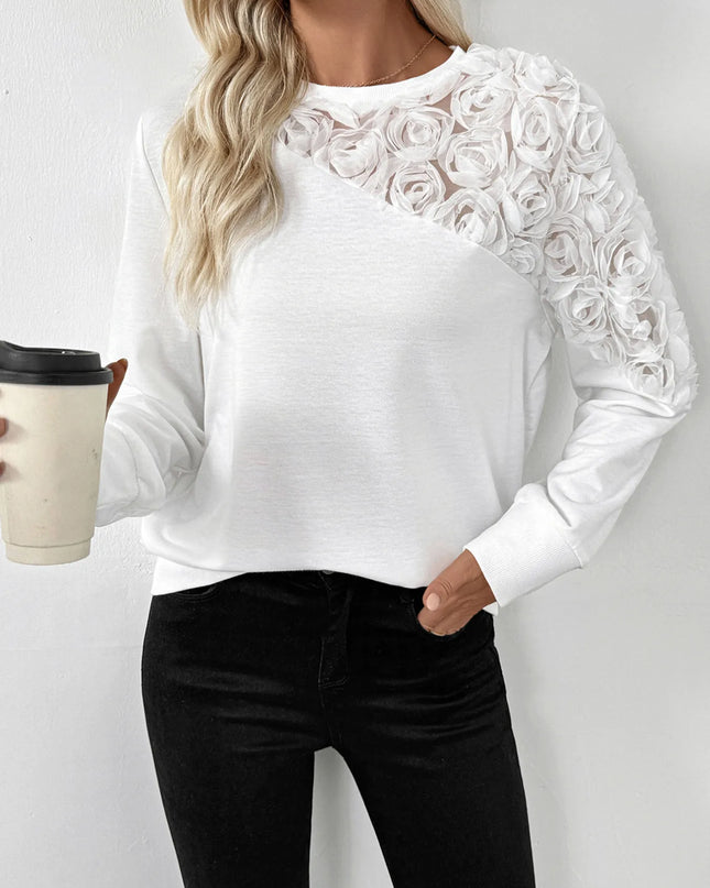 Rose Embroidered Long Sleeve Sweatshirt White