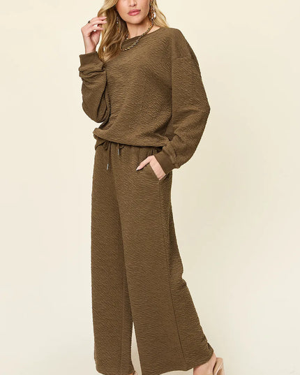 Double Take Full Size Texture Long Sleeve Top and Pants Set