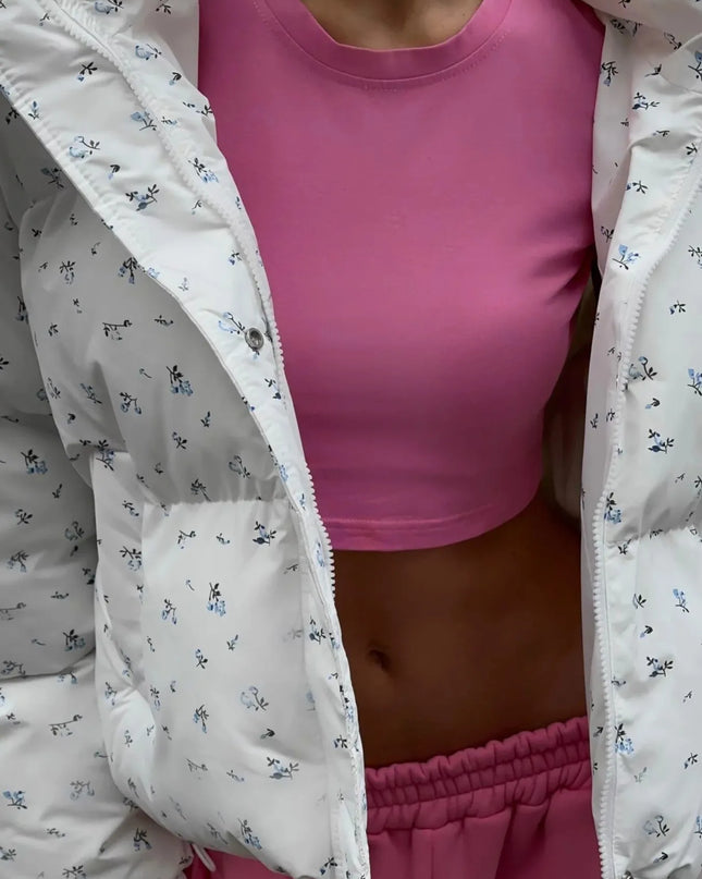 Floral Print Puffer Jacket with Hood