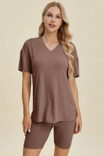 Basic Bae Full Size Ribbed V-Neck Short Sleeve Top and Shorts Set Taupe