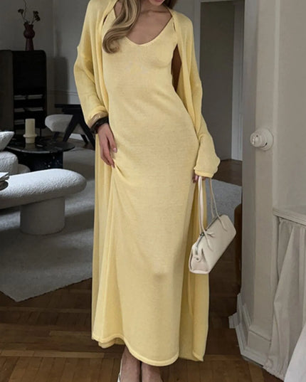 V-Neck Knit Dress and Cardigan Sweater Set