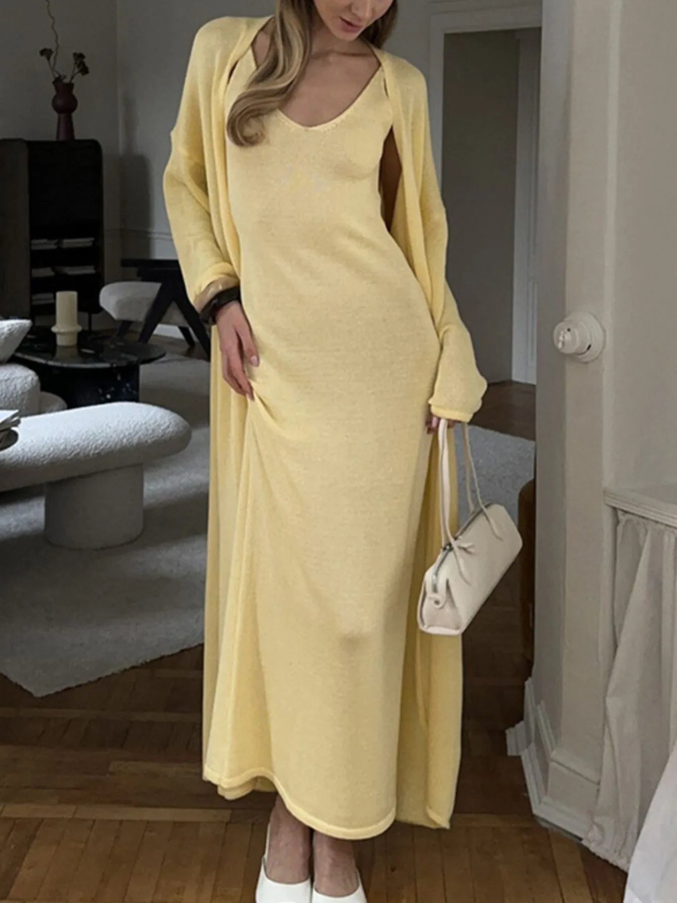 V-Neck Knit Dress and Cardigan Sweater Set