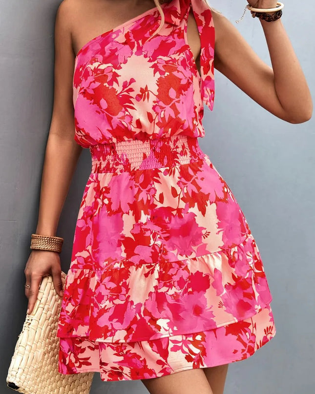 Tied Smocked Printed Single Shoulder Dress