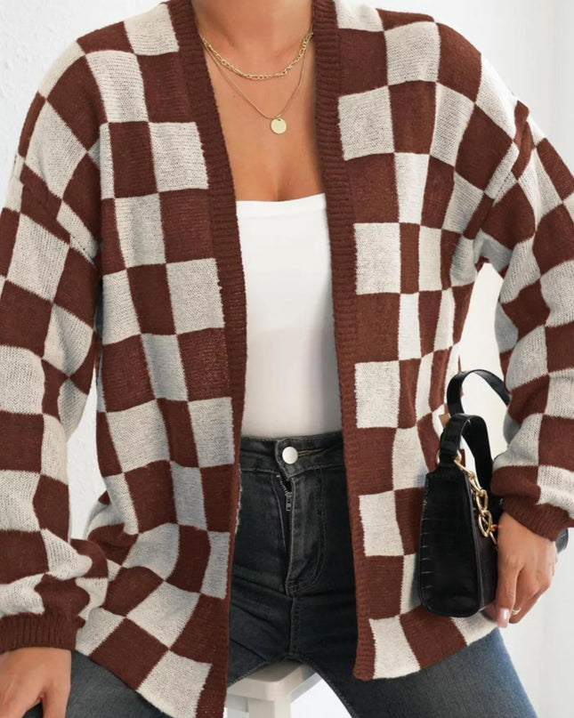 Checkerboard Pattern Open Front Knit Cardigan