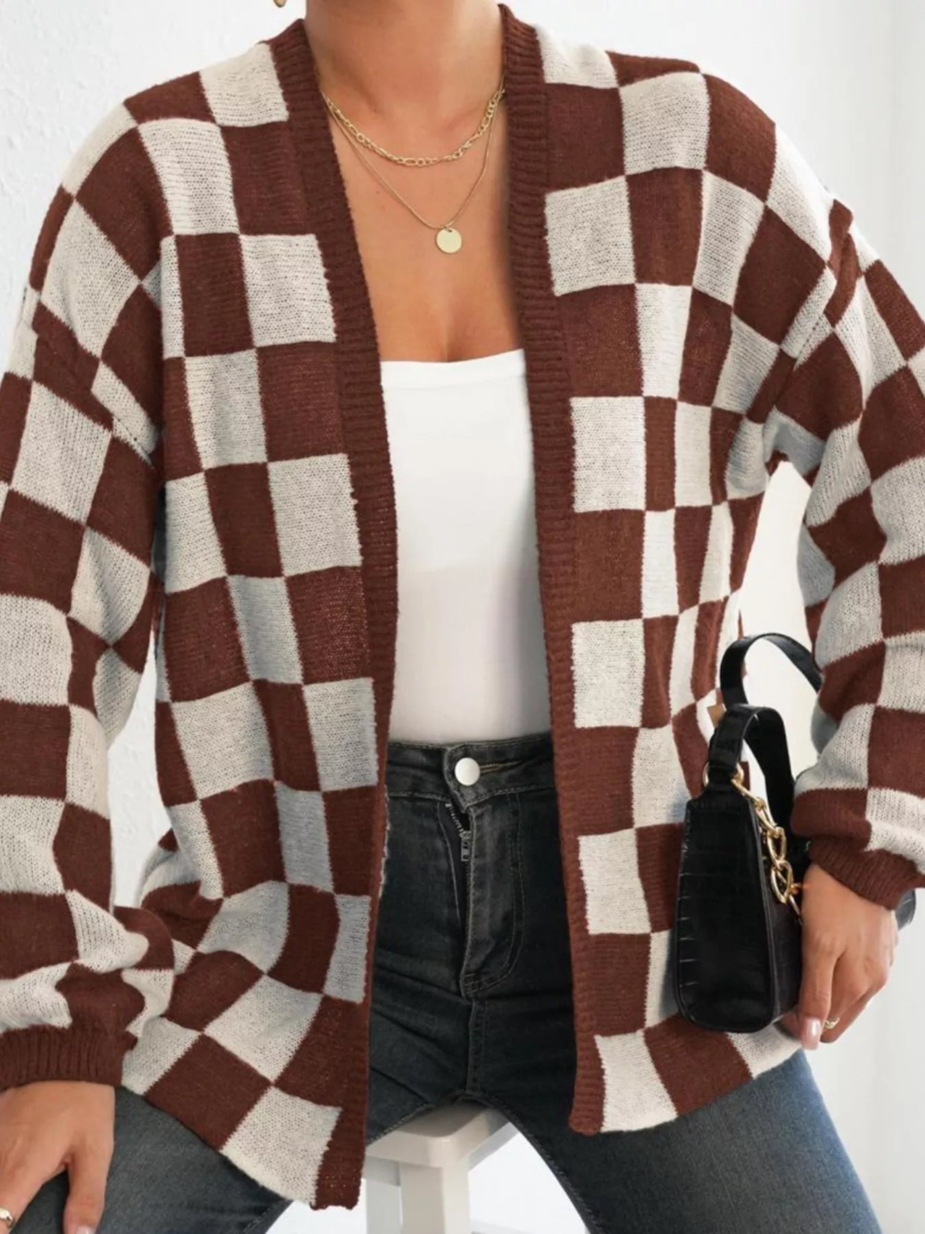 Checkerboard Pattern Open Front Knit Cardigan