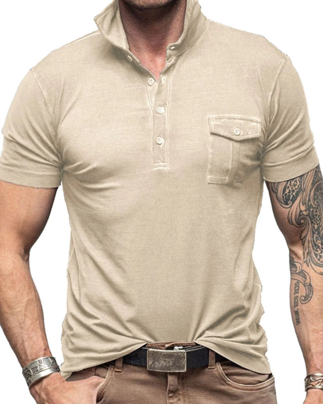 Men's Classic Pocket Polo Shirt with Stand Collar Beige