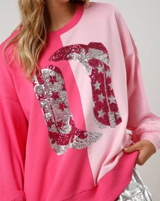 Sequin Boots Color Block Sweatshirt