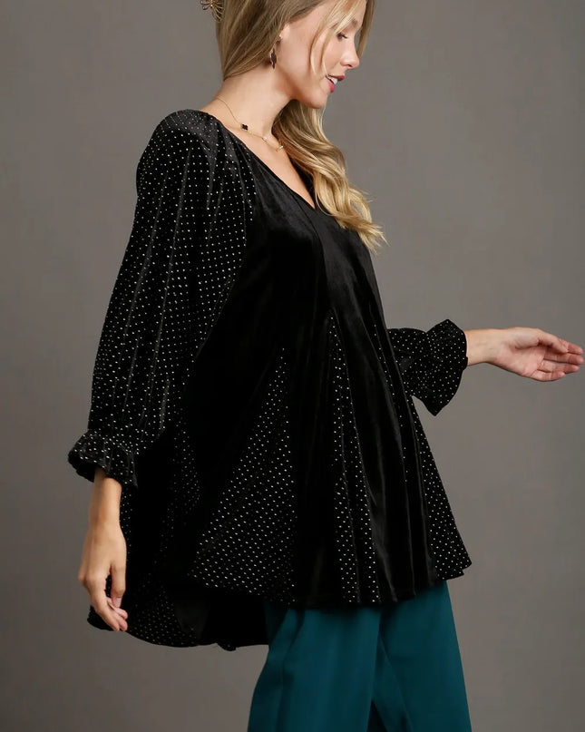 Umgee Godet Hem Polka Dot V-Neck Blouse 