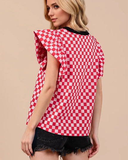 Oh Checkered Round Neck Puff Sleeve Blouse