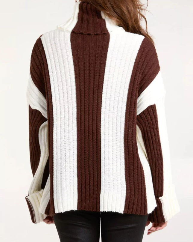 Color Block Ribbed Turtleneck Sweater