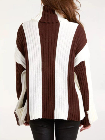 Color Block Ribbed Turtleneck Sweater
