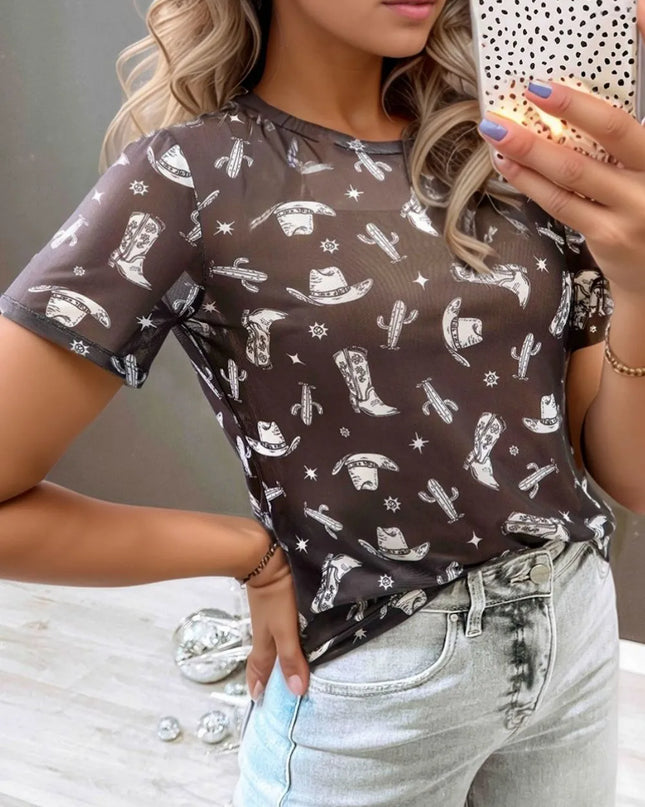 Western Pattern Mesh Sheer Crew Neck Top