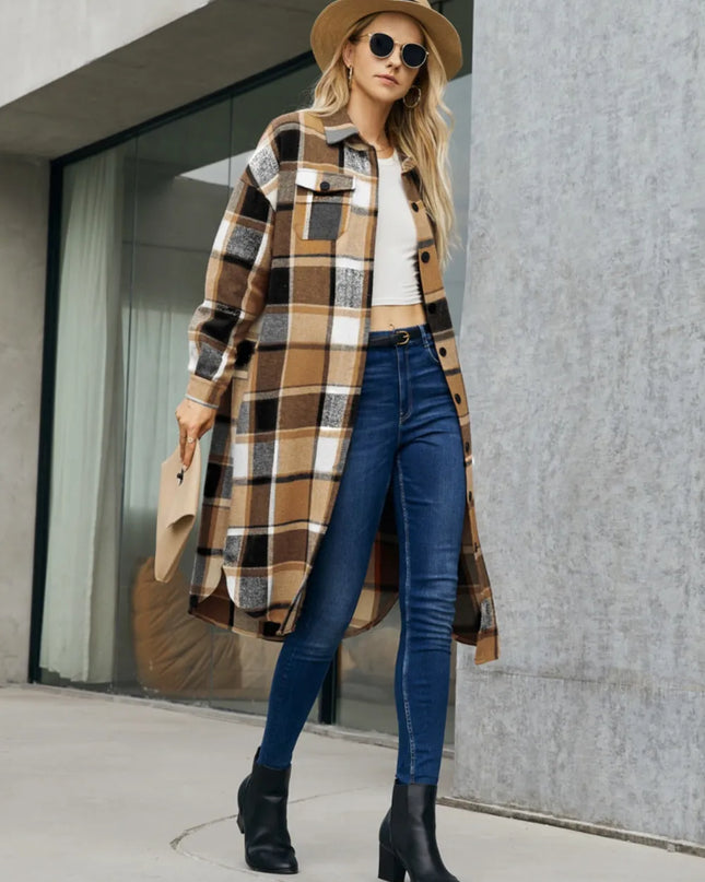 Plaid Pocketed Button Up Trench Coat 
